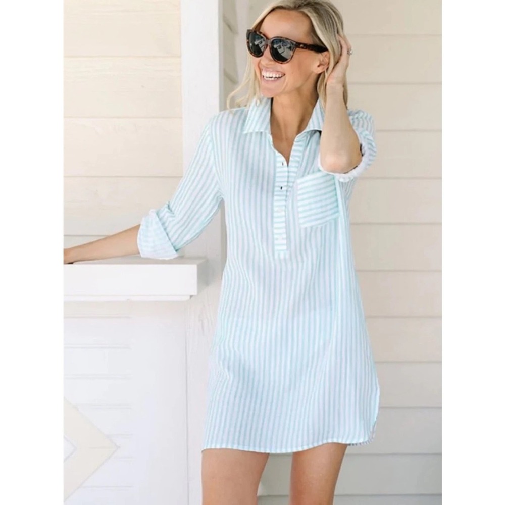 Alice Walk Striped Cotton Shirt Dress Size S Coastal Preppy Nautical Blue White